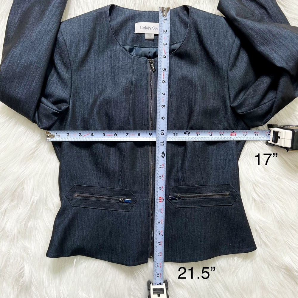 SOLD-Calvin Klein Peplum Zippered Indigo Blue Denim Long Sleeve Blazer Jacket - Picture 6 of 7